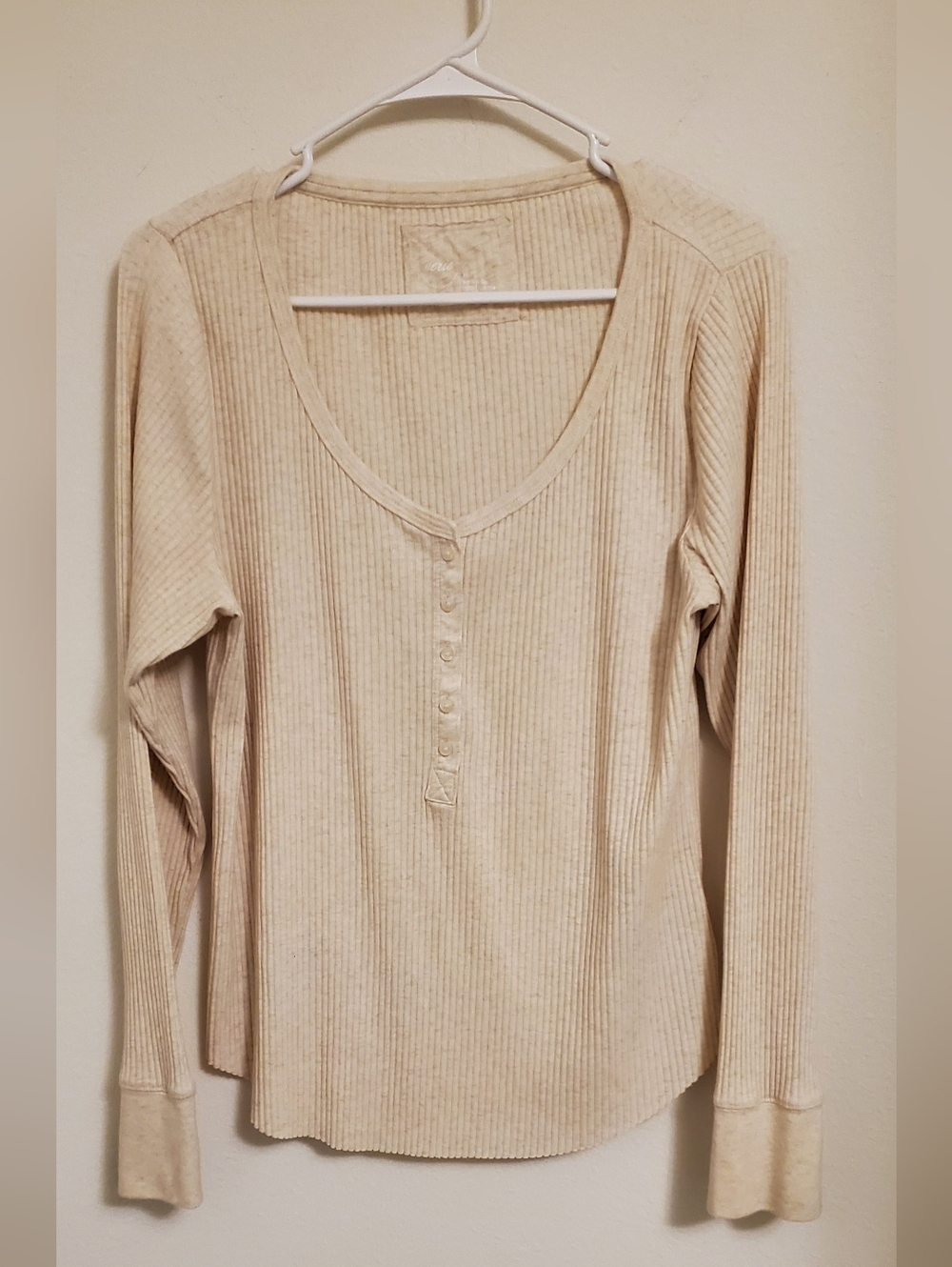 aerie Essential Ribbed Long Sleeve Henley Top - Cream Layering Size XL Fall